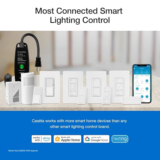 Lutron Claro Smart Light Switch for Caseta Lighting, for LED Lights, Fans, 5 Amp, Single-Pole/3-Way, Neutral Required, DVRF-5NS-IV, Ivory