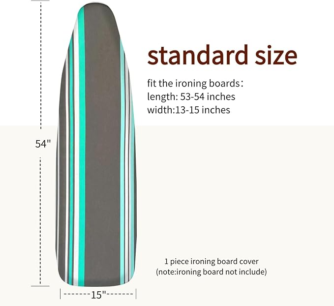 Bumkimue Ironing Board Cover and Pad, Standard Size 15x54 Inches, Blue Floral Pattern, Heavy Duty Padded, Elastic Edge, Scorch Resistant (Green and Gray Stripes)
