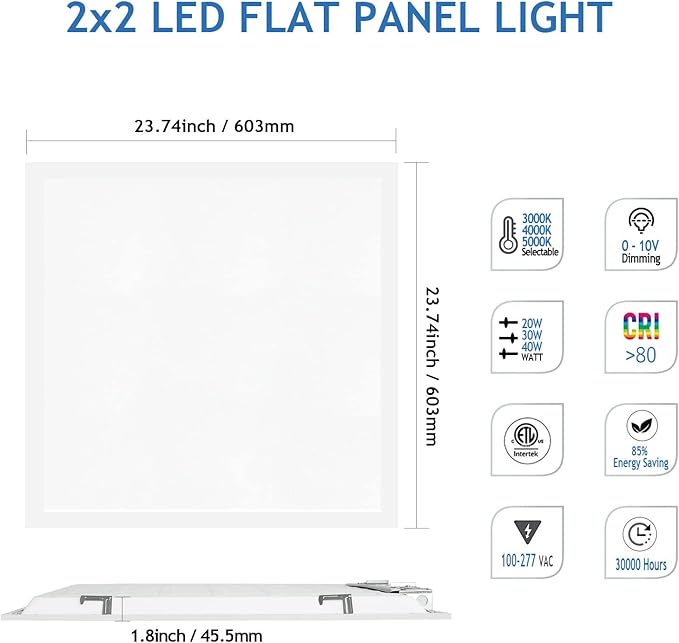 CycevSun 4-Pack 2x2 LED Flat Panel Light Drop Ceiling, 0-10V Dimmable, 40W, 4400LM, 3CCT 3000K/4000K/5000K Selectable, 100-277V, ETL Listed, 5-Year Service