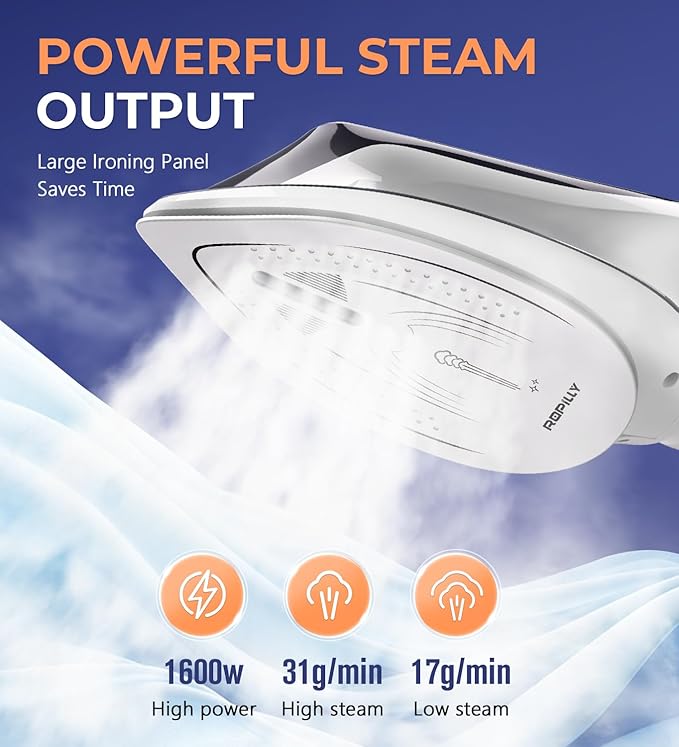 Ropilly Steamer for Clothes, 1600W 2-in-1 Steamer & Iron with Large Ceramic Plate, Powerful Turbo Steam, Smart Temperature Control, Auto-Off, Wrinkle Remover for All Fabrics