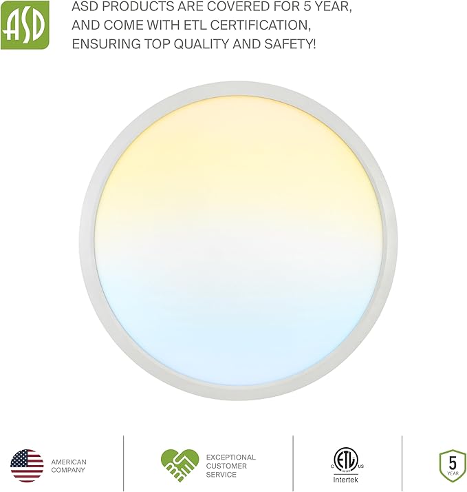 ASD LED 24" Round Flush Mount Ceiling Light Fixture, Low Profile Surface Lighting | 5CCT, Dimmable, Ultra-Thin, ETL Listed | 38W 2700LM 2700-6000K 100-277V | Kitchen, Hallway Lamp | White, 2 Pack