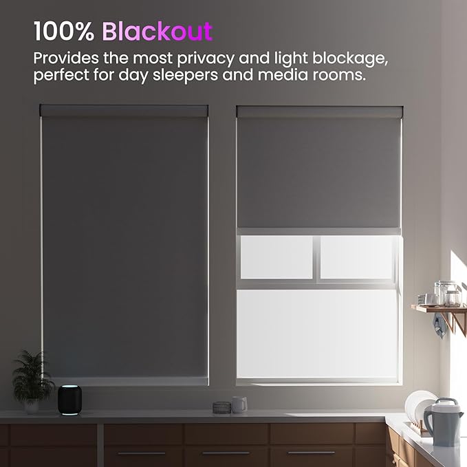 Astomi Motorized Roller Shades for Windows, Blackout Automatic Blinds with Remote, Smart Blinds, Voice Control, Compatible with Alexa, Google, Custom Size (Natural Wood)