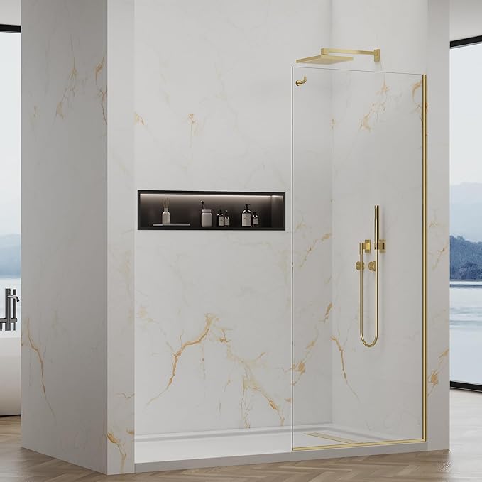 Shower Screen,32"W * 76"H Single Shower Glass Panel, 3/8"(10mm) Tempered Glass, Shower Wall Panels, Fix Shower Glass Screen for Bathroom - Brushed Gold