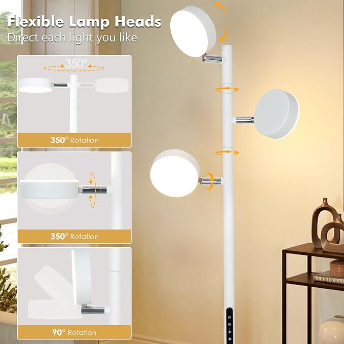 Benaep Tree Floor Lamp for Living Room - Modern White Standing Lamp, LED Floor Light with Remote & Touch, 3000K-6000K Dimmable for Bedroom Office Reading (3 Head)