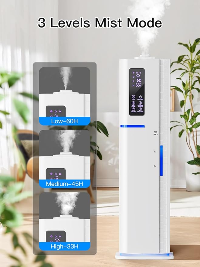 Zeova 10L/2.64Gal Humidifiers for Bedroom, Top Fill Quiet Ultrasonic Cool Mist Humidifier Large Room, Covers 550ft², 60H Runtime, 24H Timer, 3 Mist Modes Humidifiers for Home, Office, Plants, White