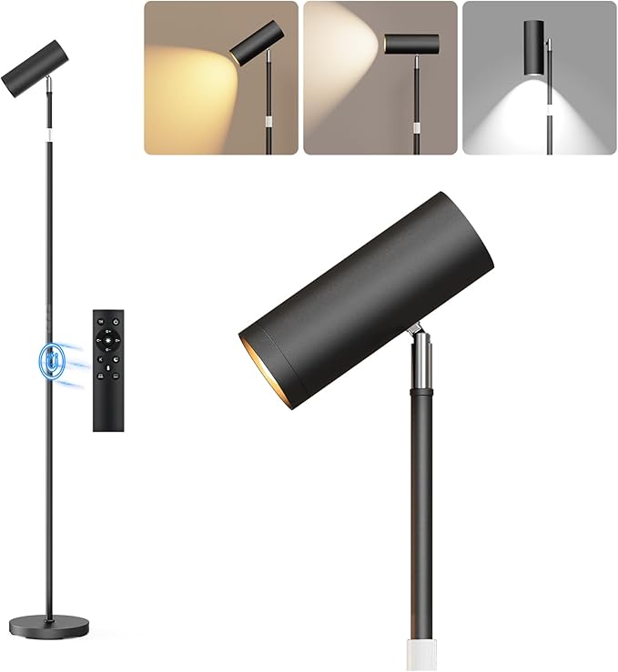 SIBRILLE Spotlight Floor Lamp, Tall LED Standing Lamp with Remote/Touch Control, 2700K-6500K, 350°Rotating Head Standing Lamp, Reading Floor Lamp for Living Room, Bedroom, Office & Wall Art, Black