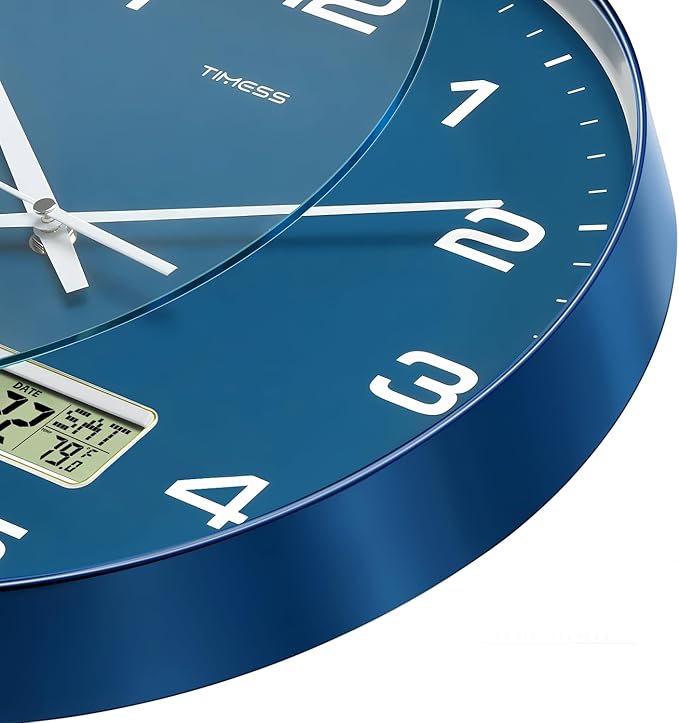 TIMESS Wall Clock, 10" Dial Non-Ticking Silent Battery Operated Analog with LCD Display for Perpetual Calendar and F° Temperature, Ideal Modern Home, Bedroom, Kitchen, Office Decor (Blue)