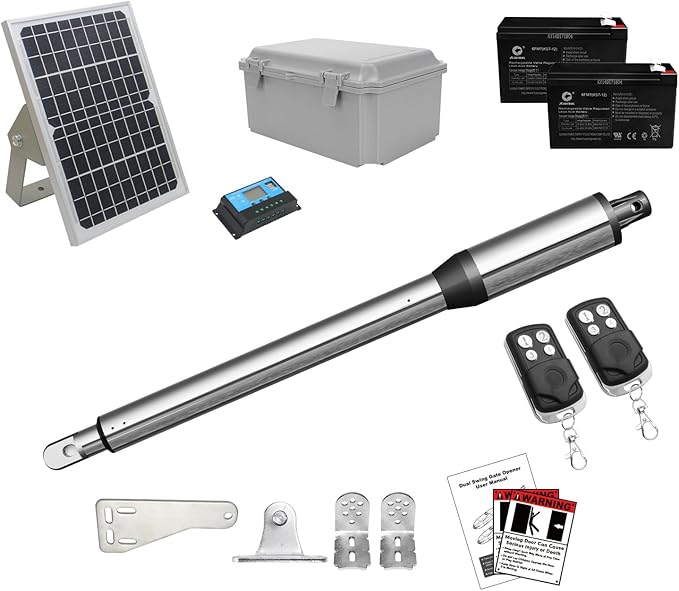 JUJIANG C01 Solar Gate Opener with Batteries & Solar Panel for Single Swing Gates Up to 440lb 12FT Automatic Gate Openers with Remote Complete Kit Light Duty Automatic Gate Openers Solar Powered