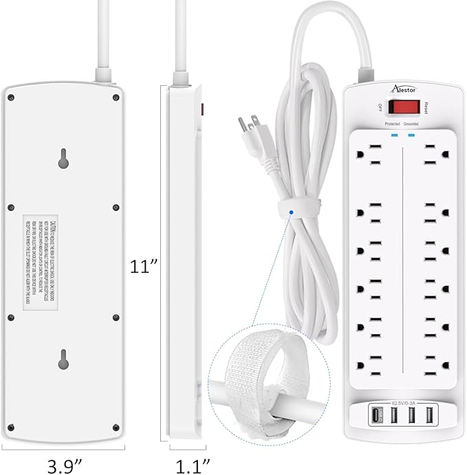 Power Strip,ALESTOR Surge Protector with 12 Outlets and 4 USB Ports, 6 Feet Extension Cord (1875W/15A) for for Home, Office, Dorm Essentials, 2700 Joules, ETL Listed (White)