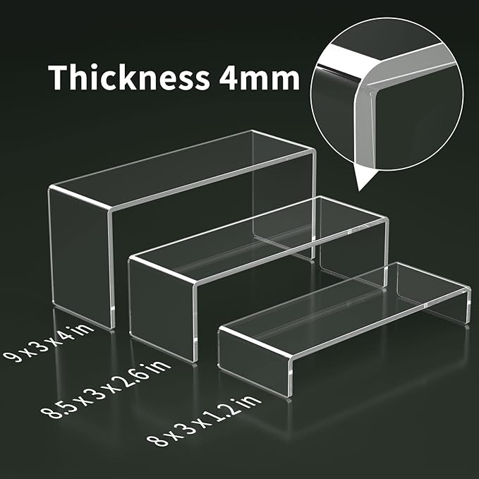 HIIMIEI Acrylic Display Riser, 3 Step 9" Large Acrylic Risers, Clear Rectangular Display Shelf for Cupcake Stand, Tiered Display Stand for gemstone, curio, Anime figurines, Collectibles