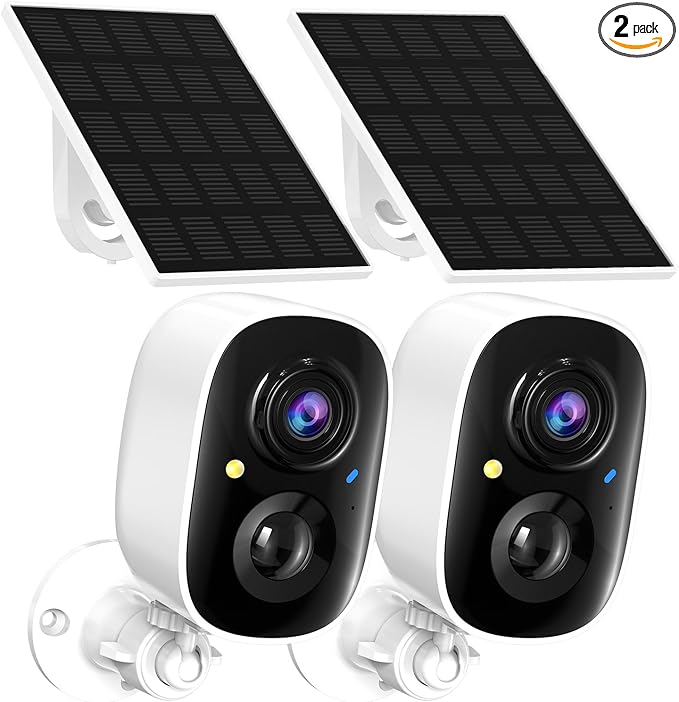 2K FHD WiFi Wireless Cameras Solar Powered,Security Cameras Wireless Outdoor,Outside Camera for Home Security,AI Motion Detection,Color Night Vision,Spotlight,Siren Alarm,SD/Cloud Storage,2 Pack