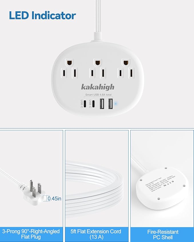 Power Outlet Relocator with Adhesive- 5 FT, 1625W Wall Mounted Extension Cord with 3 AC Outlet 4 USB (24W/4.8A), Peel and Stick Outlet for Easy Access to Low-Floor Socket