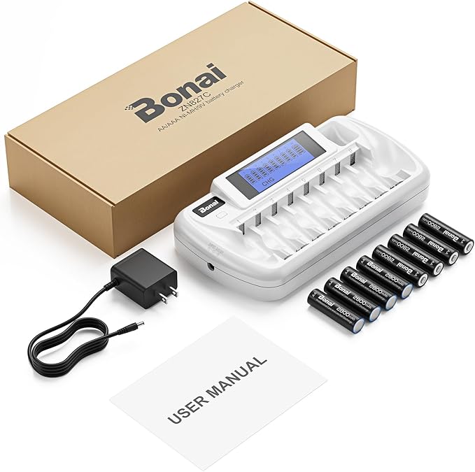 BONAI Rechargeable AA Batteries with Charger, 8+1 Bay Battery Charger with LCD Display for 1.2V NiMH AA AAA 9V, 2800mAh High Capacity Low Self Discharge- 8 Pack