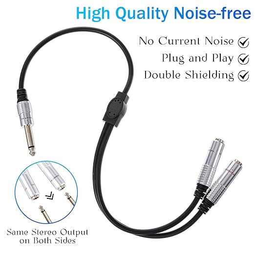 6.35mm TS Guitar Signal Audio Y Splitter Cable, 1/4 Inch Mono Male to Dual Mono Female Jack Adapter with Gold Plated Connectors, Audio Y-Adapter for Microphone Speaker HiFi System Guitar(50cm/1.6ft）