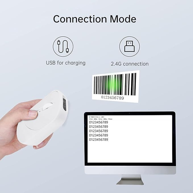 THARO New Wireless Mouse Barcode Scanner, 2-in-1 Design 2D Handheld Barcode Scanner with Wireless Mouse Functions for POS System,Store,Supermarket, Warehouse.(White)