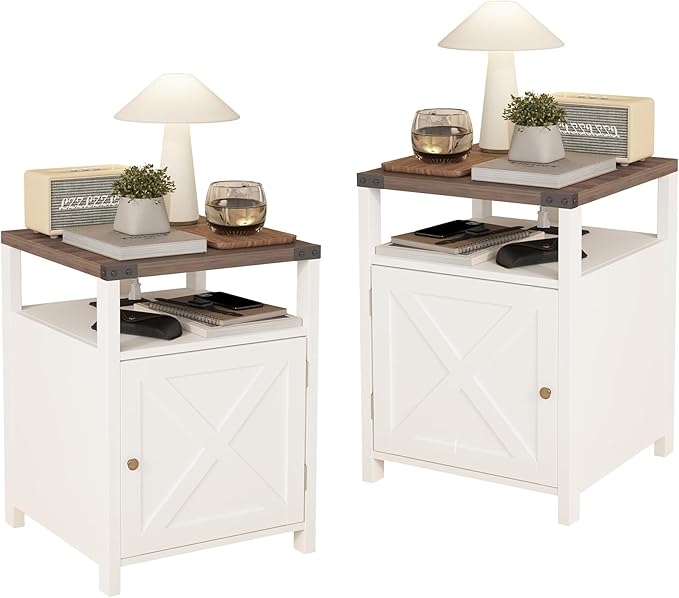 HOSEOKA Farmhouse Nightstand Set of 2 with Charging Station, Rustic End Table Bedroom with Storage Living Room Side Table White Night Stand Industrial Bedside Bed Table with USB Ports and Outlets