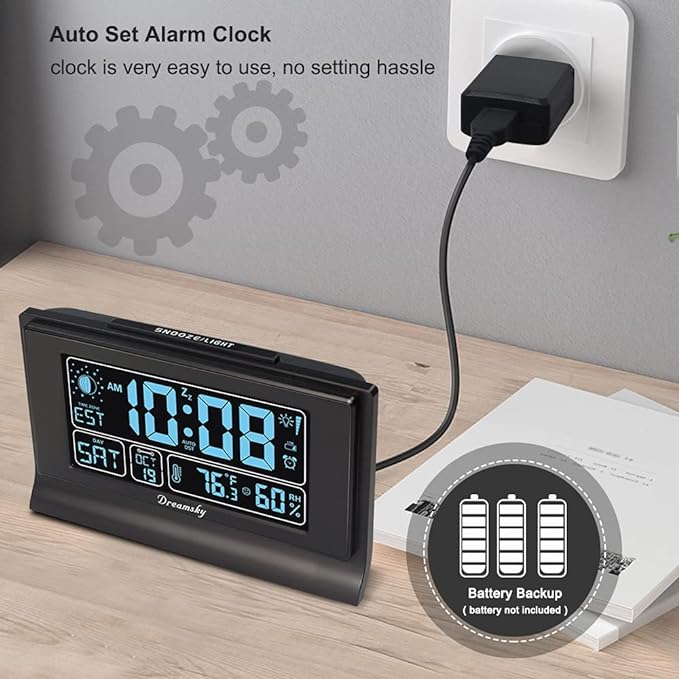 DreamSky Alarm Clocks for Bedrooms with Battery Backup, Auto Set Digital Clock with Date and Day of Week, Indoor Temperature Humidity, Moon Phase, Dimmer, Auto DST, USB Port