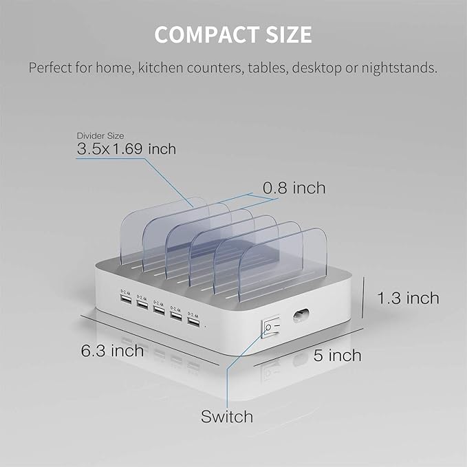 MSTJRY Charging Station for Multiple Devices : 5 Port Multi USB-A Charger Stations Multi-Device Organizer Charging Dock Designed for iPhone iPad Cell Phone Tablets (7 Short Cables Included)
