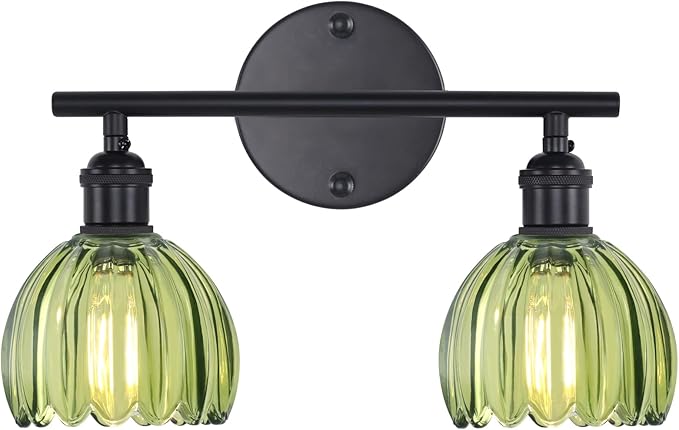 Shenmoyl Bathroom Light Fixtures, 2-Light Black Vanity Wall Light Over Mirror with Green Tulip Glass Shade for Bedroom Living Room (Bulb Not Included)
