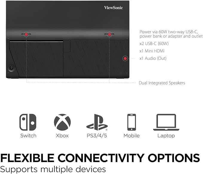 ViewSonic VX1654 16 Inch 1080p IPS Portable Gaming Monitor with 144Hz, AMD FreeSync, 2 Way Powered 60W USB C, Mini HDMI, and Built-in Stand with Protective Cover