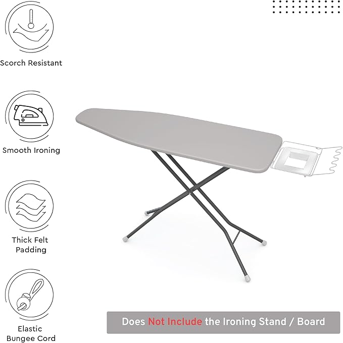 Encasa Homes Replacement Ironing Board Cover with Extra Thick Pad, Plain Colors, Elasticated, (Fits Standard Large Boards of 54"x15") Heat Reflective, Scorch Resistant, Heavy Duty - Light Grey