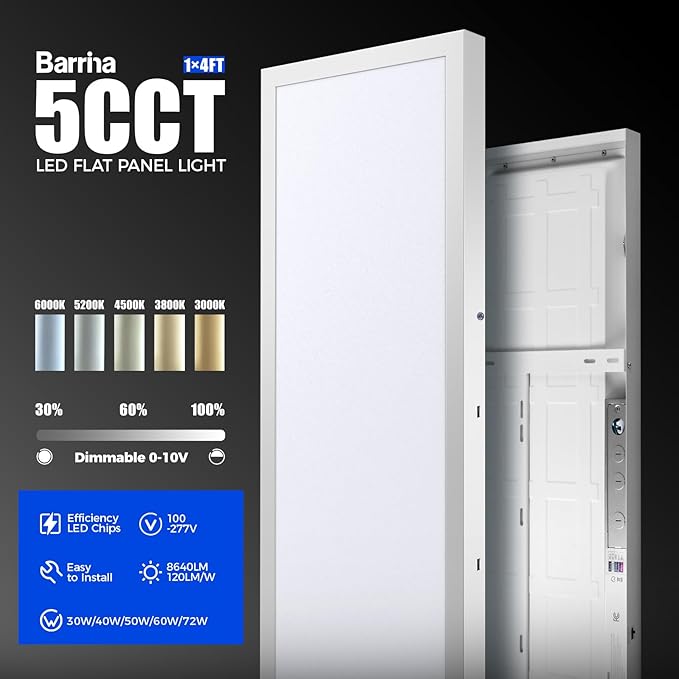 Barrina 1x4 LED Flat Panel Light Surface Mount, 8640LM 72W, 0-10V Dimmable, Selectable Flat Panel Ceiling Lights Fixture, 5CCT 3000K/3800K/4500K/5200K/6000K, Flush Mount for Kitchen, Garage, 4 Packs