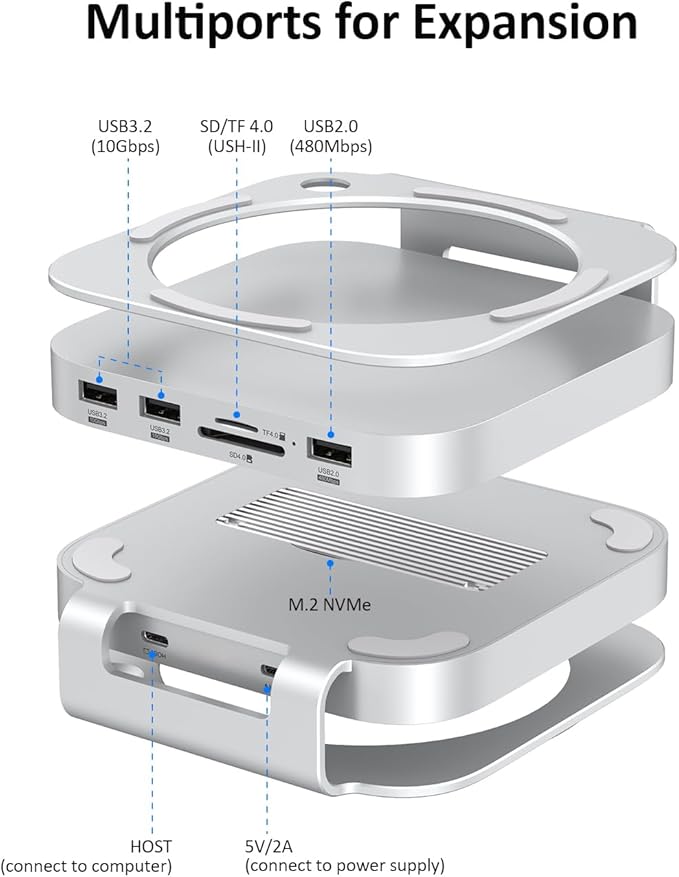 Akyyajaure Mac mini Hub: 9 in 1 Aluminum Stand & Dock for Mac mini M4 Pro with M.2 NVMe SSD Enclosure, 10Gbps USB-A*2, SD/TF Card Readers, USB 2.0