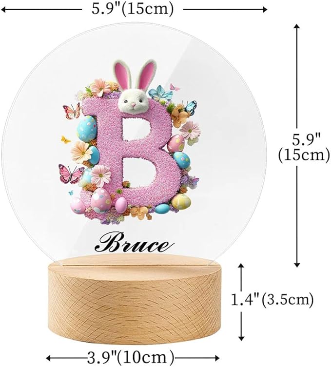 idooodle Personalized Pink Bunny Easter Egg 3D Initial LED Night Light with Name & Wooden, Base Room Decor, Birthday Party Easter Gift for Kids