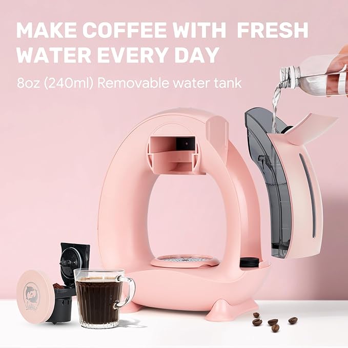 Single Serve Coffee Maker,Fast Brew in 2 minutes,Stylish＆Compact Design,MINI Q 2 IN 1 Coffee Machines for K*cup Capsules & Ground Coffee, Pink Coffee maker
