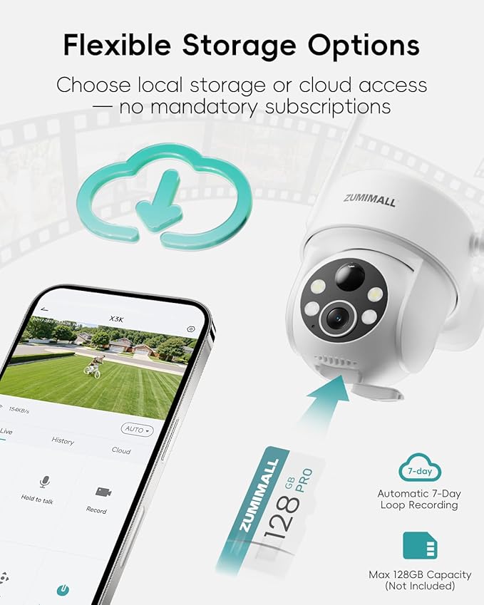 ZUMIMALL 2K Solar Security Cameras Wireless Outdoor | 360° PTZ View Control via App | 2.4G WiFi, Color Night Vision, 2-Way Talk, PIR Motion Detection, Free Rolling 7-Day Cloud Storage, No Monthly Fee