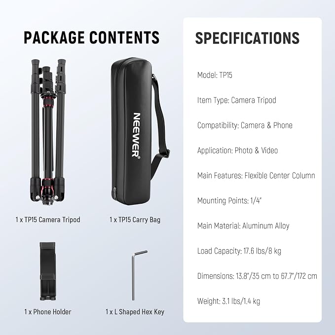 NEEWER Basics TP15 Camera Tripod Monopod, Ball Head Not Included - Image 9