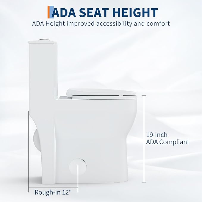 One Piece Toilet with 19" ADA Height, Round Bowl Design, Soft Closing PP Toilet Cover, Easy Clean Surface, Water Efficient Flush