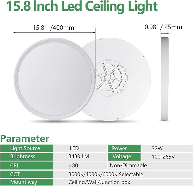 2PK 15.8 Inch LED Flush Mount Ceiling Light, 32W, 3480LM, 3000K/4000K/6000K CCT Selectable, Round Flat Panel Light Low Profile Ceiling Fitures for Hallway, Kitchen, Bedroom, Laundry Room