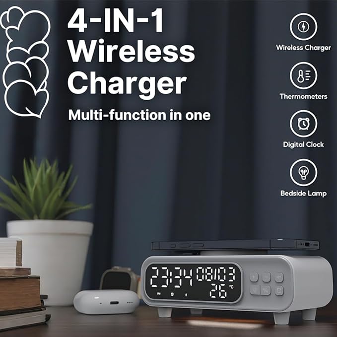 IHAO 5in1 Alarm Clock with Wireless Charging Night Light 15W Fast Charger for Phone and Headphone, LED Digital Display with Date & Temperature, Dimmable for Bedroom & Office-D15 Clock White
