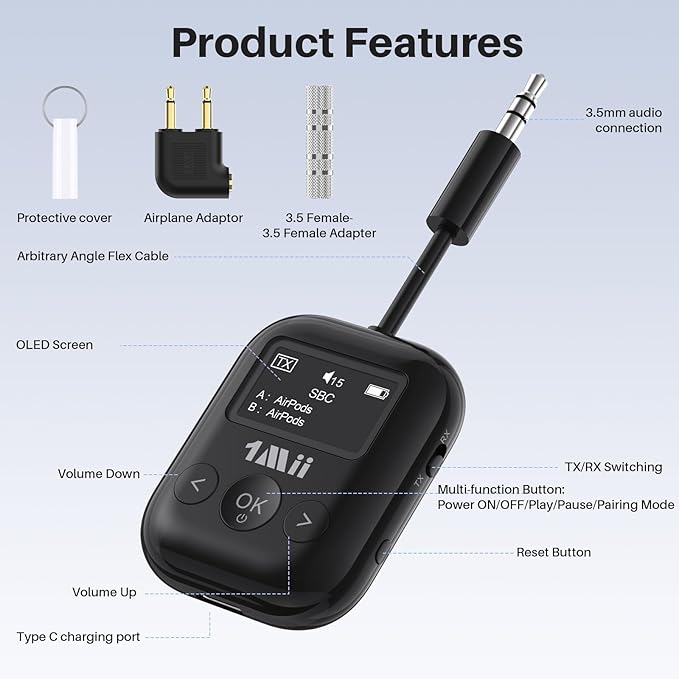 1Mii SafeFly Min+ Bluetooth Transmitter and Receiver,Bluetooth Adapter for Airplane, Supports to 2 AirPods/Headphones,Use with Any 3.5mm Jack on Airplanes, Gym, TVs, Car, Home, Boat(White)