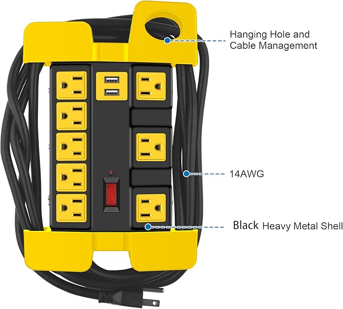 CCCEI Heavy Duty Power Strip with USB, Workshop 8 Outlet Surge Protector 2700 Joules, Industrial Metal 15Amp Power Strip, 20 FT Extension Cord and Wide Spaced Black.