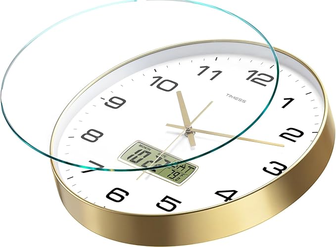 TIMESS Wall Clock, 13" Dial Non-Ticking Silent Battery Operated Analog with LCD Display for Perpetual Calendar and F° Temperature, Ideal Modern Home, Bedroom, Kitchen, Office Decor (Gold)