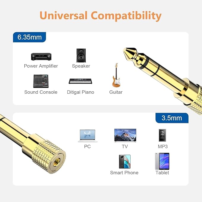 Mizi (4 Pack 6.35mm (1/4 inch) Male to 3.5mm (1/8 inch) Female Gold Plated Stereo Audio Jack Adapter for Aux Cable, Guitar Amplifier, Headphone - Golden