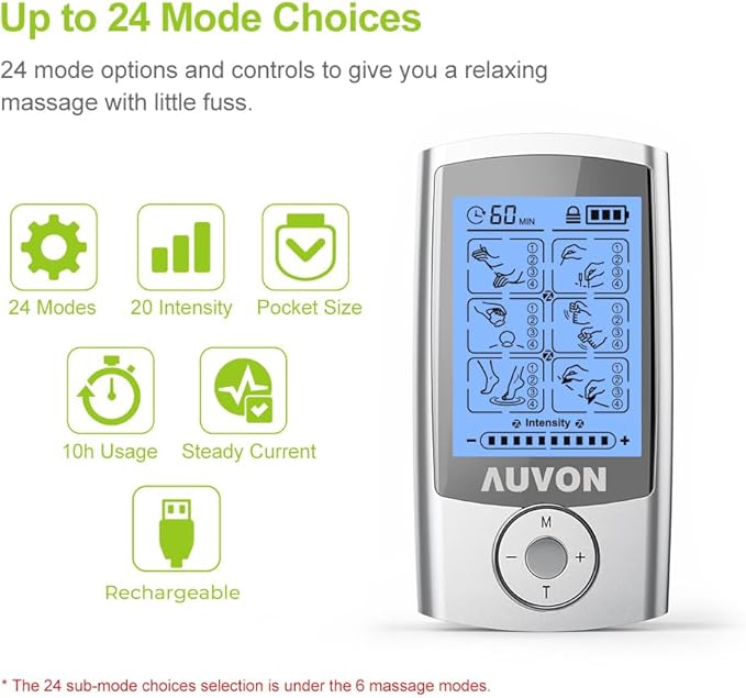 AUVON Rechargeable TENS Unit Muscle Stimulator, 24 Modes 4th Gen TENS Machine with 8pcs 2"x2" Premium Electrode Pads for Pain Relief
