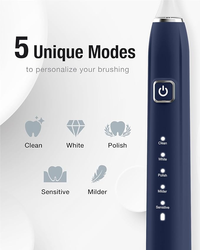 7AM2M Sonic Electric Toothbrush with 6 Brush Heads for Adults and Kids, One Charge for 120 Days, Wireless Fast Charge, 5 Modes with 2 Minutes Built in Smart Timer, Electric Toothbrushes (Navy Blue)