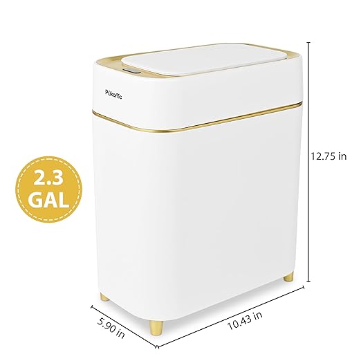 Pukomc 2.3 Gallon / 9L Automatic Adsorption Sensor Trash Can, White Gold Motion Sensor Garbage Bin with Suction, Slim Fashionable Design for Kitchen, Bathroom, Office & Small Space