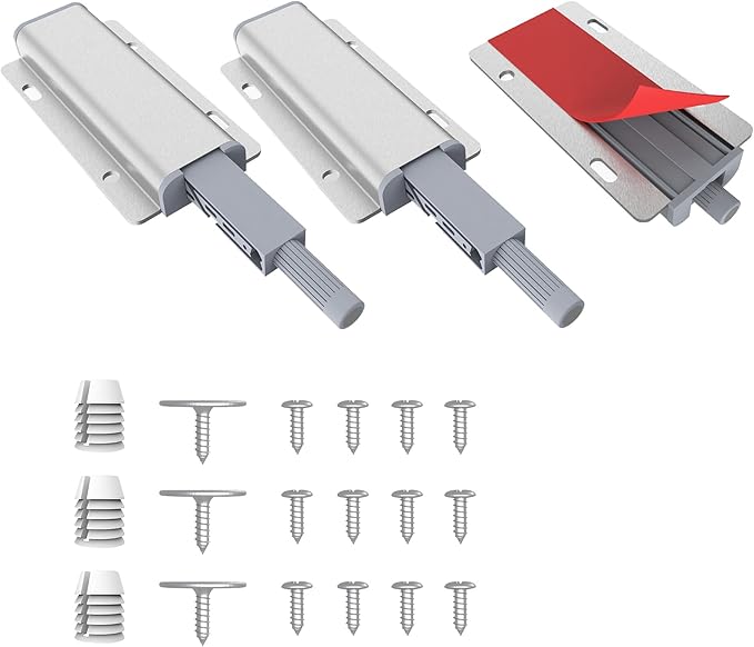 3 Pack Push to Open Cabinet Hardware, Touch Latches for Cabinet Doors, Magnetic Cabinets Latch, Magnetic Push Latches for Cabinets to Open Latch，Silver