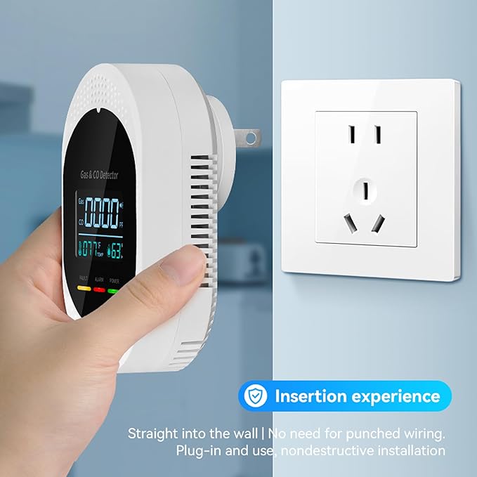 3PCS 4-in-1 Carbon Monoxide & Natural Gas Detectors with Temperature/Humidity LCD Display, Plug in Co Leak Detector Propane Monitor for Home Travel RV Essentials, Sound Alarm Over 85dB
