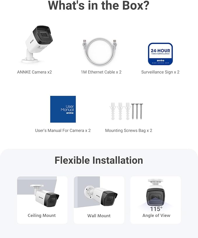 ANNKE 2 Pack 5MP PoE Bullet Security Cameras with Mic/Audio, Outdoor IP Cameras with 2.8mm Lens Wide Angle, 100ft Color Night Vision, IP67 Waterproof, RTSP, 5MP@20fps, Up to 256GB Micro SD Card- C500
