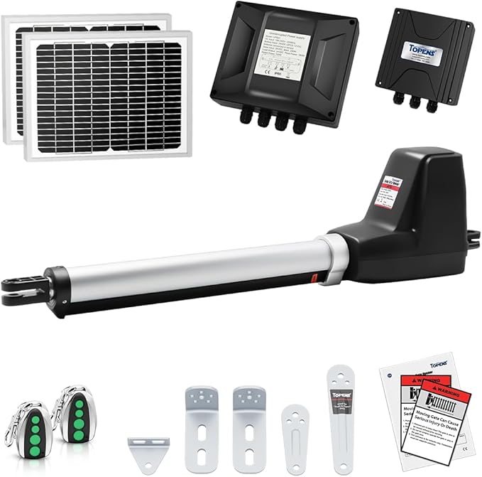 TOPENS AT6131S Solar Single Swing Gate Opener Medium Duty Automatic Gate Motor for Single Swing Gates Up to 18ft, Electric Driveway Gate Operator AC Powered with Solar Panel Remote Control Kit