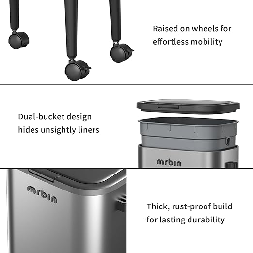 MRBIN Stainless Steel Slim Bathroom Trash Can with Legs and Wheels, 15L / 4gal Toilet Press Lid Waste Basket, Covered Office Garbage Pail for Near Desk, Narrow Vanity, Rvs, Kitchen, Eclipse Grey