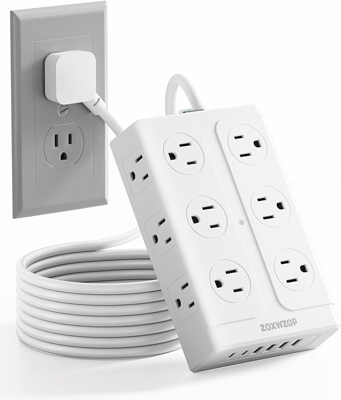 Zoxwzop Surge Protector Power Strip – 10FT Extension Cord with 12-Outlet 4 USB-A & 2 USB-C Ports, 1850W/15A, Flat Plug, Wall Mountable – ETL Listed for Home, Dorm Room