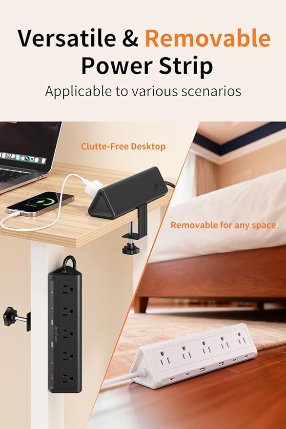 10 FT Desk Clamp Power Strip with 5 AC Outlets & 6 USB Ports PD 40W USB-C Fast Charging, 1250J Surge Protector, Fits 2.1 in top Edge Black