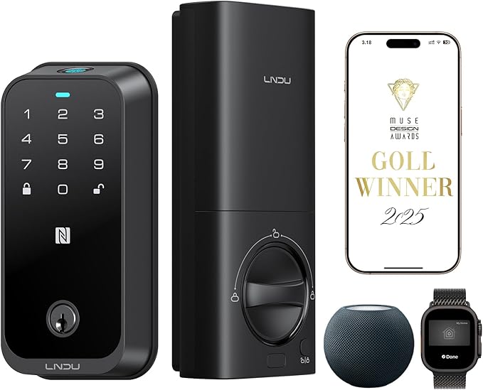 LNDU [2026 Upgrade Version] Fingerprint Smart Lock with Apple Home Key, NFC & Keypad, Keyless Entry Door Lock Deadbolt for Front Door, Works with Homekit, Auto Lock & Easy Install, US Tel Support