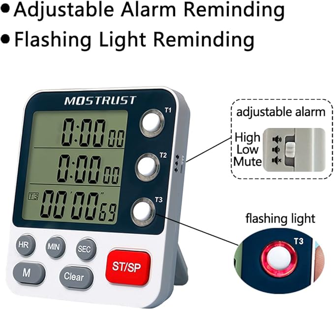 MOSTRUST Digital Dual Kitchen Timer, 3 Channels Countdown Triple Timer for Cooking, Magnetic Memory-Preset Large Display Adjustable Alarm Volume, Multi Times Management, 3A Battery Included, White